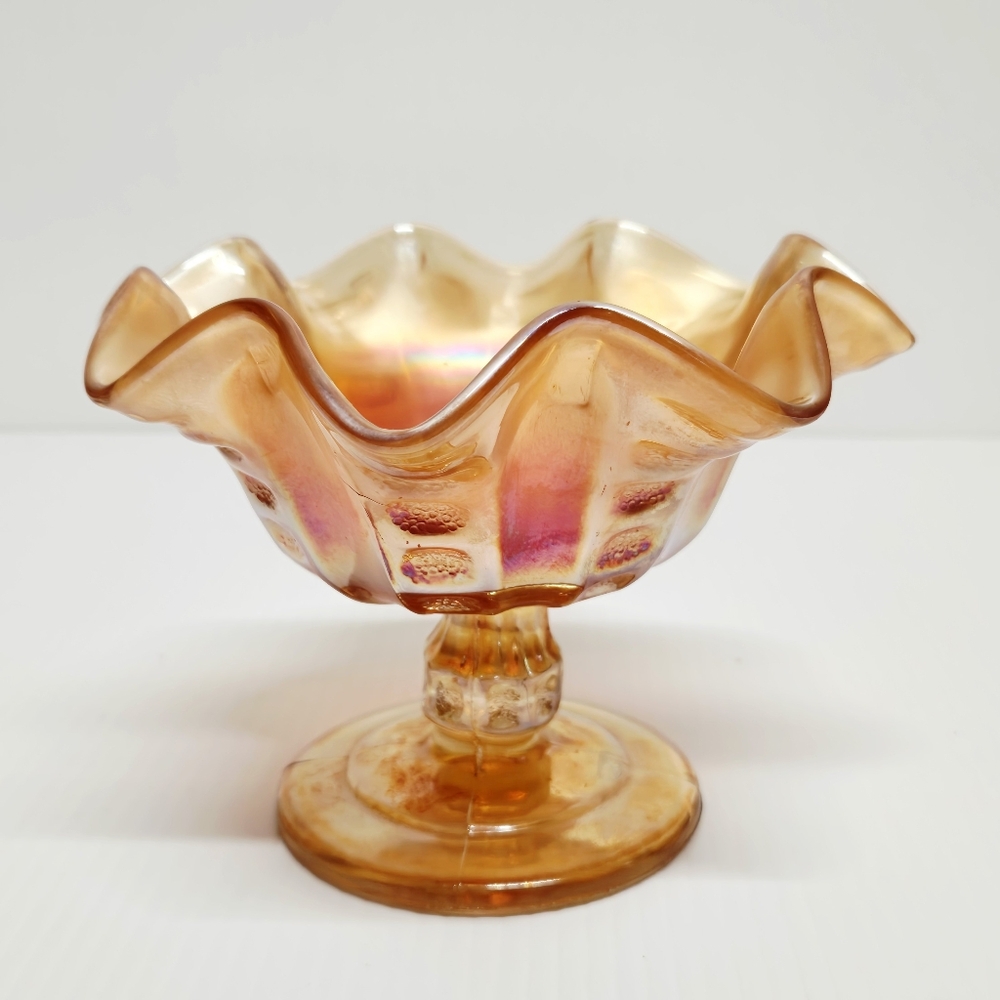 Marigold Carnival Glass Pedestal Ruffled Edge Compote Candy Dish Vintage